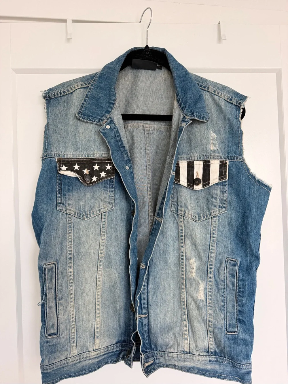 Men's Light Blue Distressed Denim Vest with American Flag Flap Detail